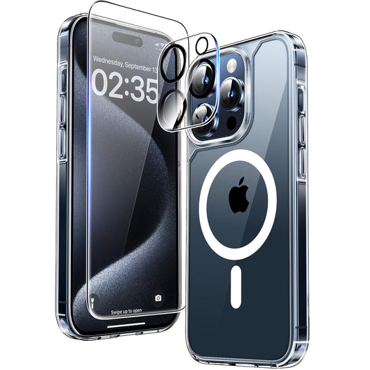 TAURI 3 in 1 Kit Magnetica Cover for iPhone 15 Pro [Compatibile with MagSafe] with 2 Pellicola in Vetro Temperato, Custodia