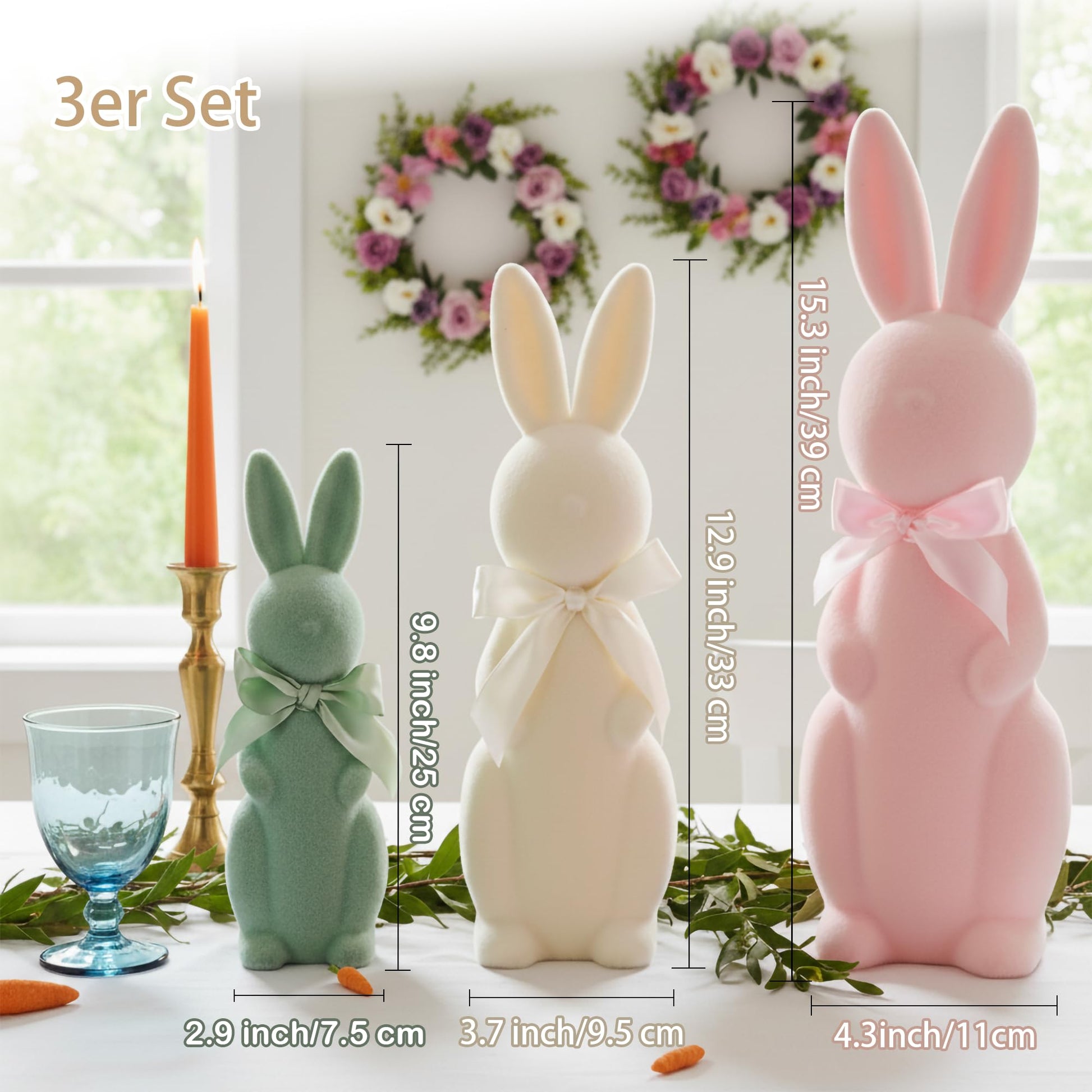 Fluffy Easter Bunny Figurines 3-Piece Set with Eggs Spring Decoration - Pink/Yellow/Orange