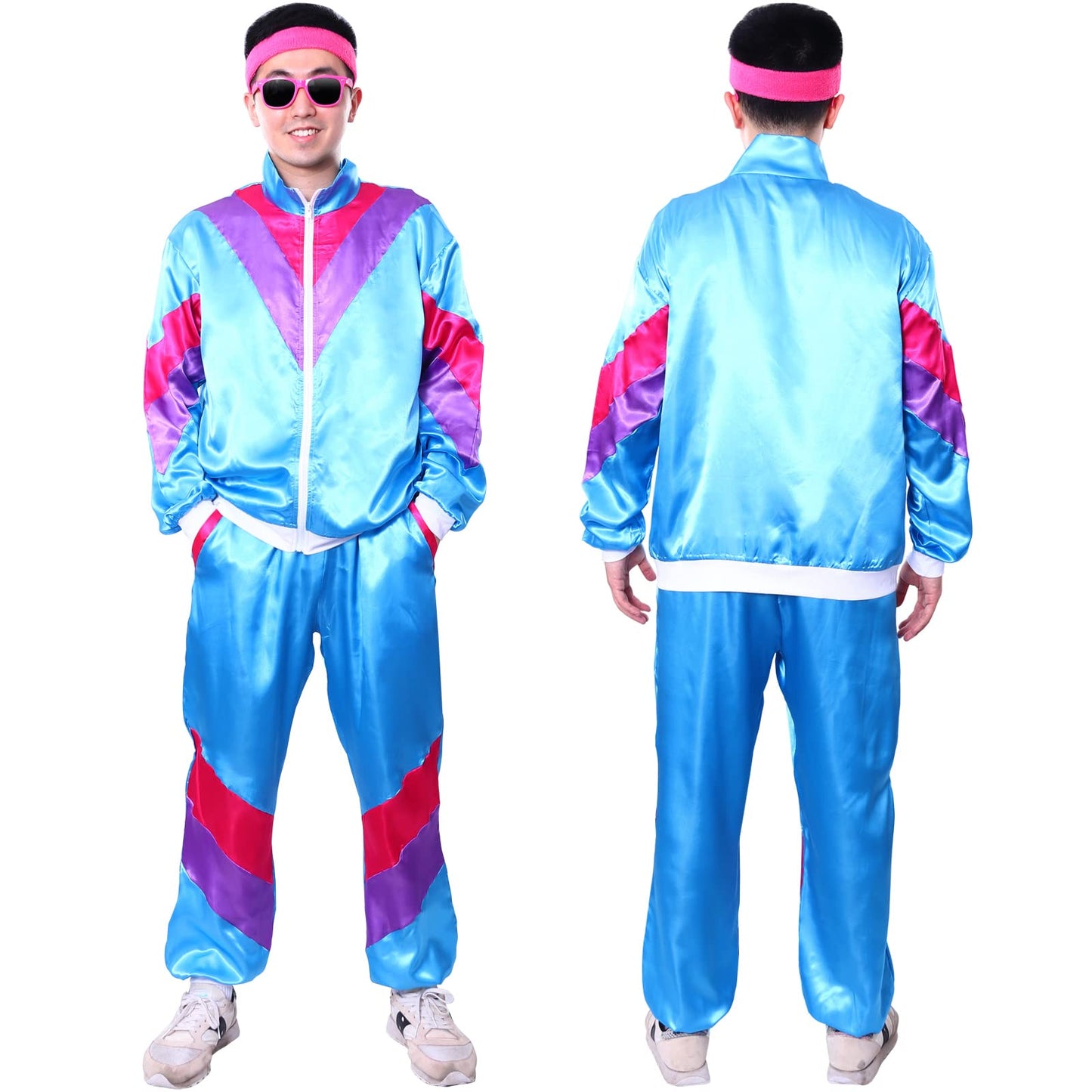 80s/90s Tracksuit Jacket & Pants Retro Costume Sweatbands Sunglasses Fancy Dress – Blue XL