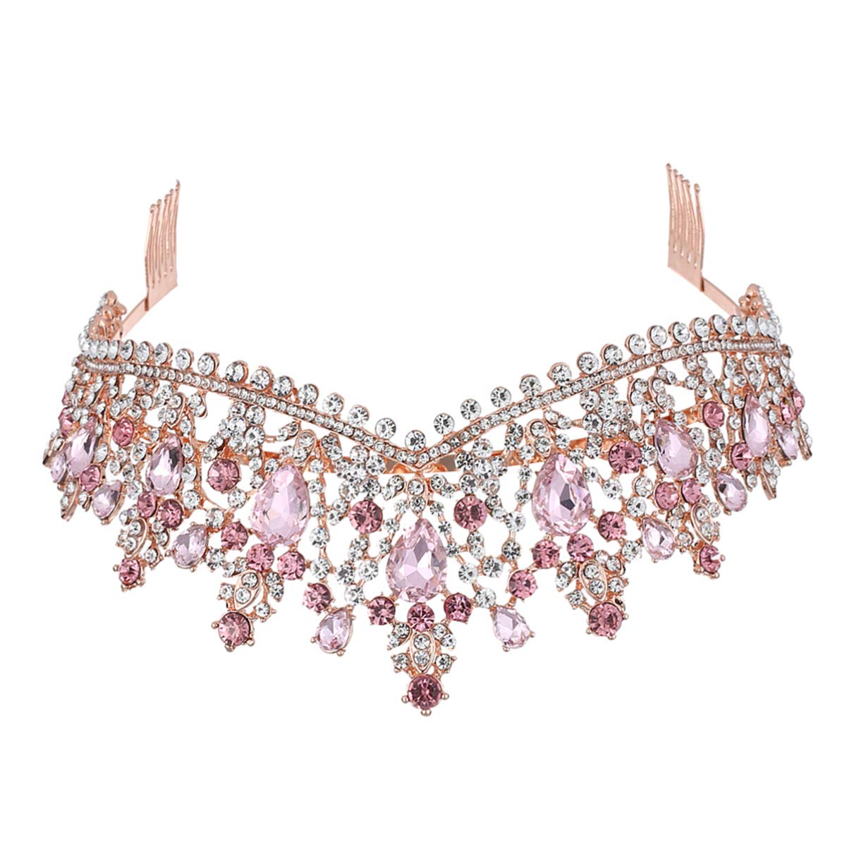 Crystal Tiara Comb Rhinestone Crown Headband for Bride Princess – Gold Pink