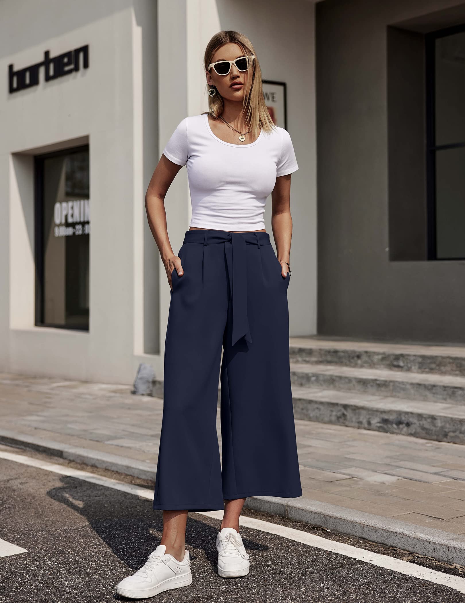 Women's High-Waist 7/8 Wide-Leg Palazzo Trousers Summer Casual – Dark Blue XXL