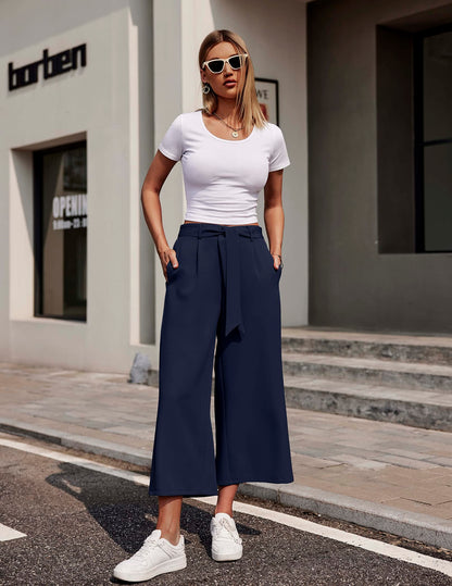 Women's High-Waist 7/8 Wide-Leg Palazzo Trousers Summer Casual – Dark Blue XXL