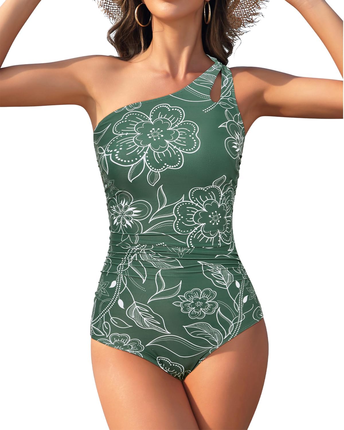 One-Shoulder Tummy Control Ruched One-Piece Swimsuit Cut-Out Backless Floral – M