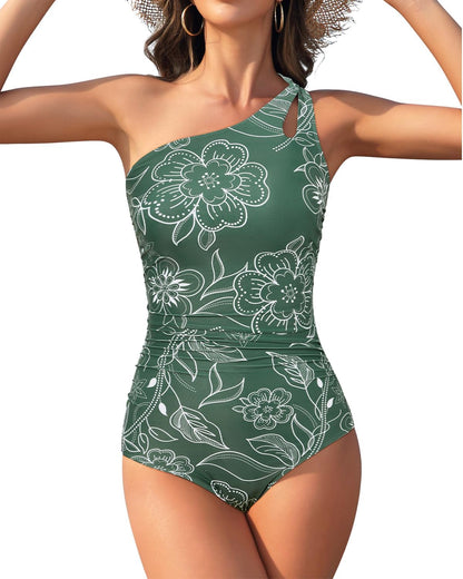 One-Shoulder Tummy Control Ruched One-Piece Swimsuit Cut-Out Backless Floral – M