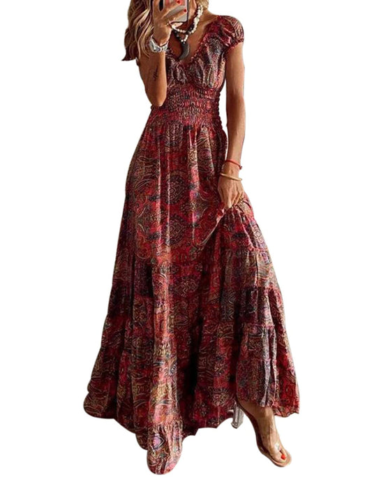 Women's Boho Maxi Dress V-Neck Floral Short Sleeve Beach Casual – Red L