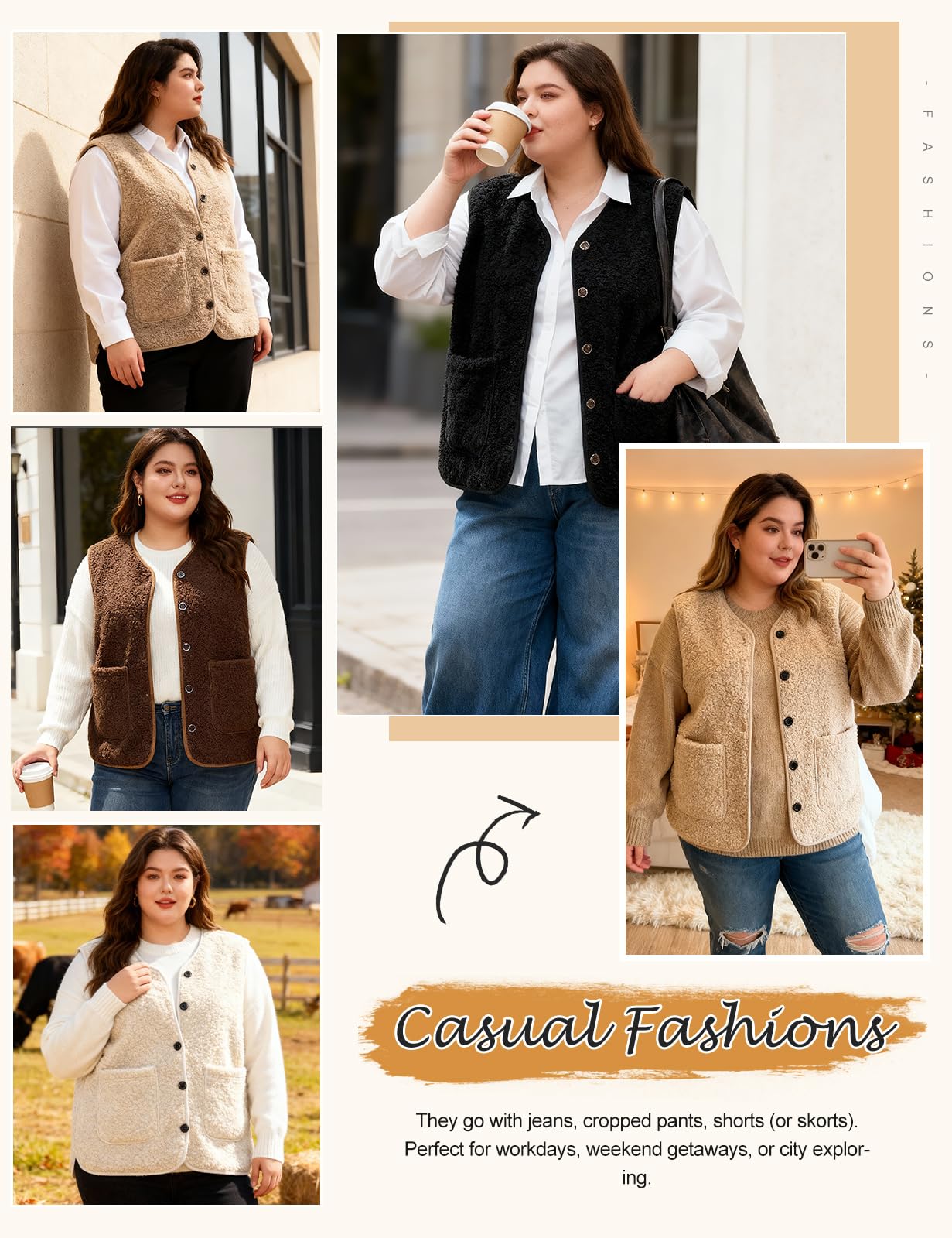 Women's Teddy Fleece Vest V-Neck Sleeveless Button Pockets Machine Washable – Black XXL