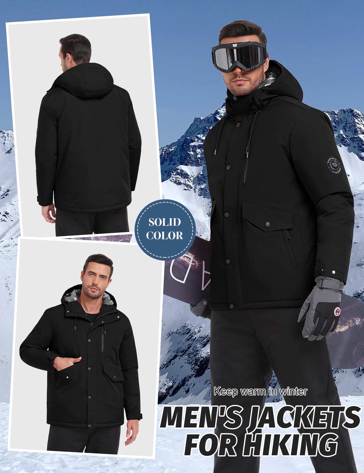 Men's Waterproof Winter Ski Jacket Thermal Windproof with Detachable Hood