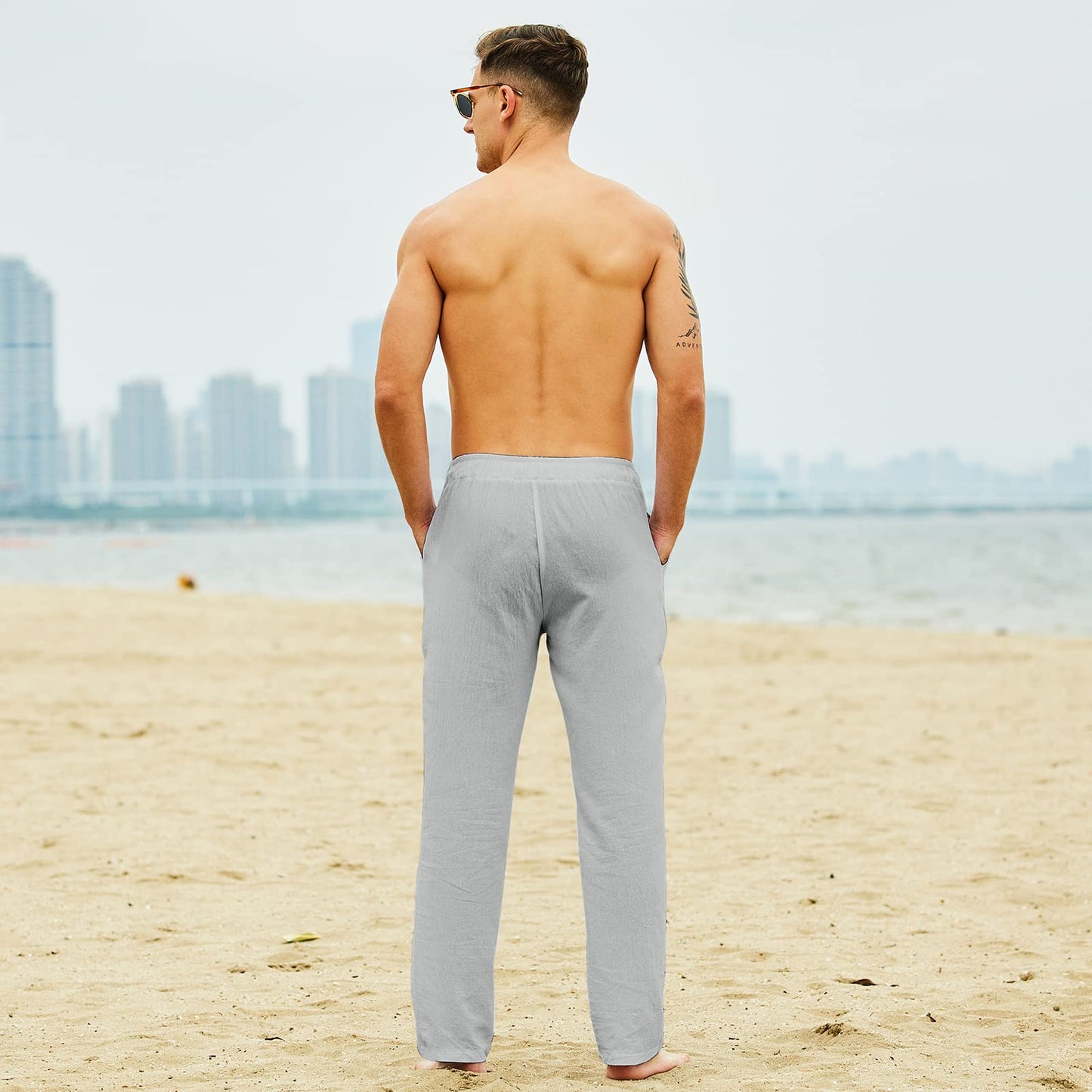 Men's Linen Drawstring Trousers Casual Loose Lightweight