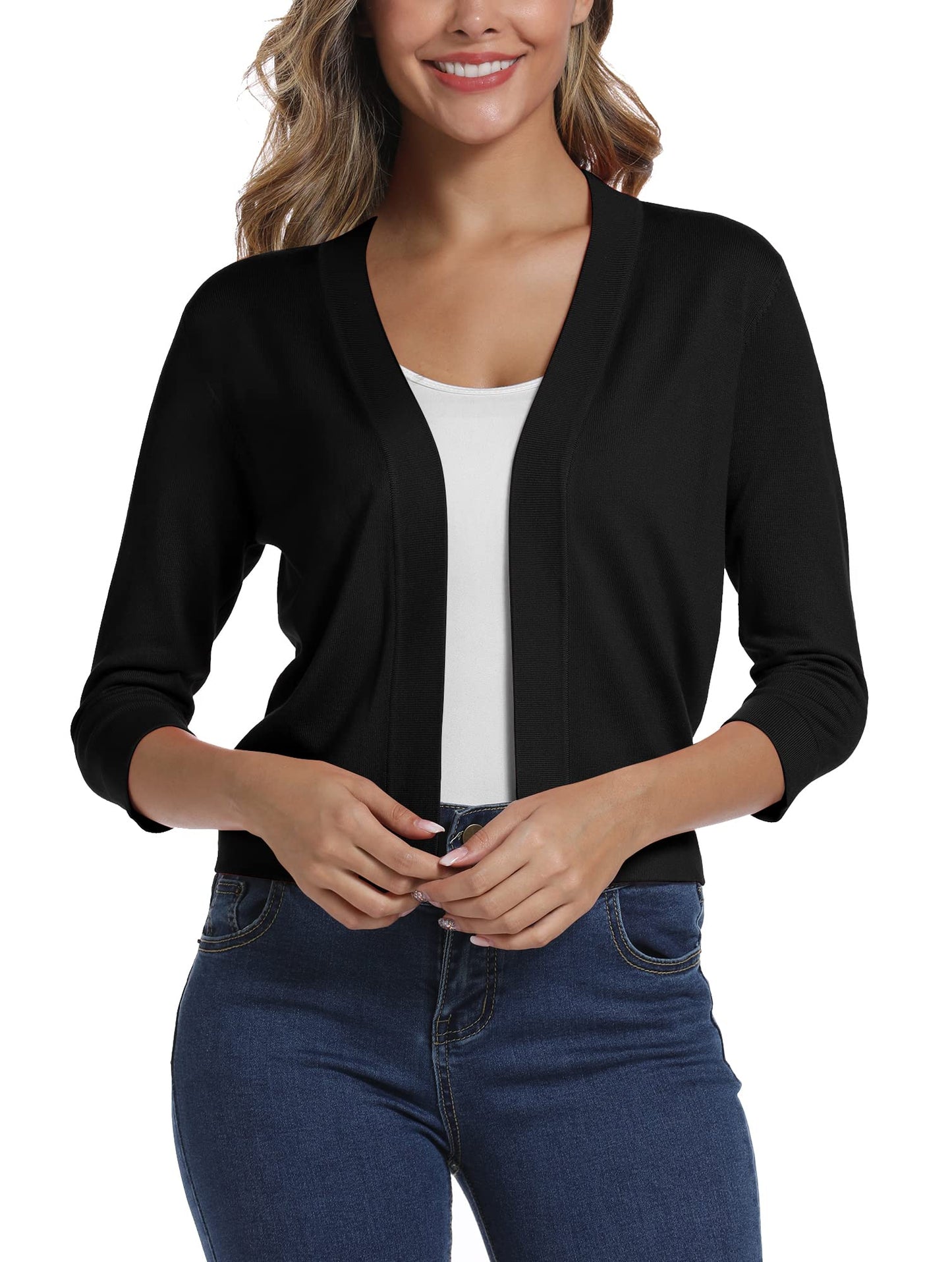 Women's 3/4 Sleeve Open Front Bolero Cardigan Shrug Solid Cardigan Top (L, Black)