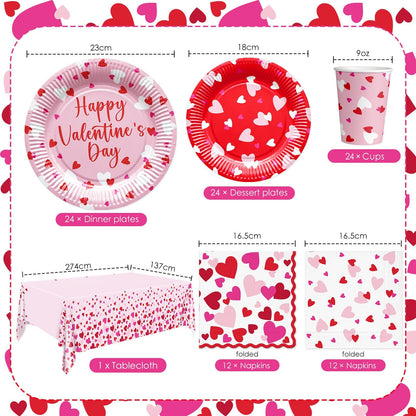 Valentine Tableware Set Plates Cups Napkins for 24 People – Red/Pink 24pc