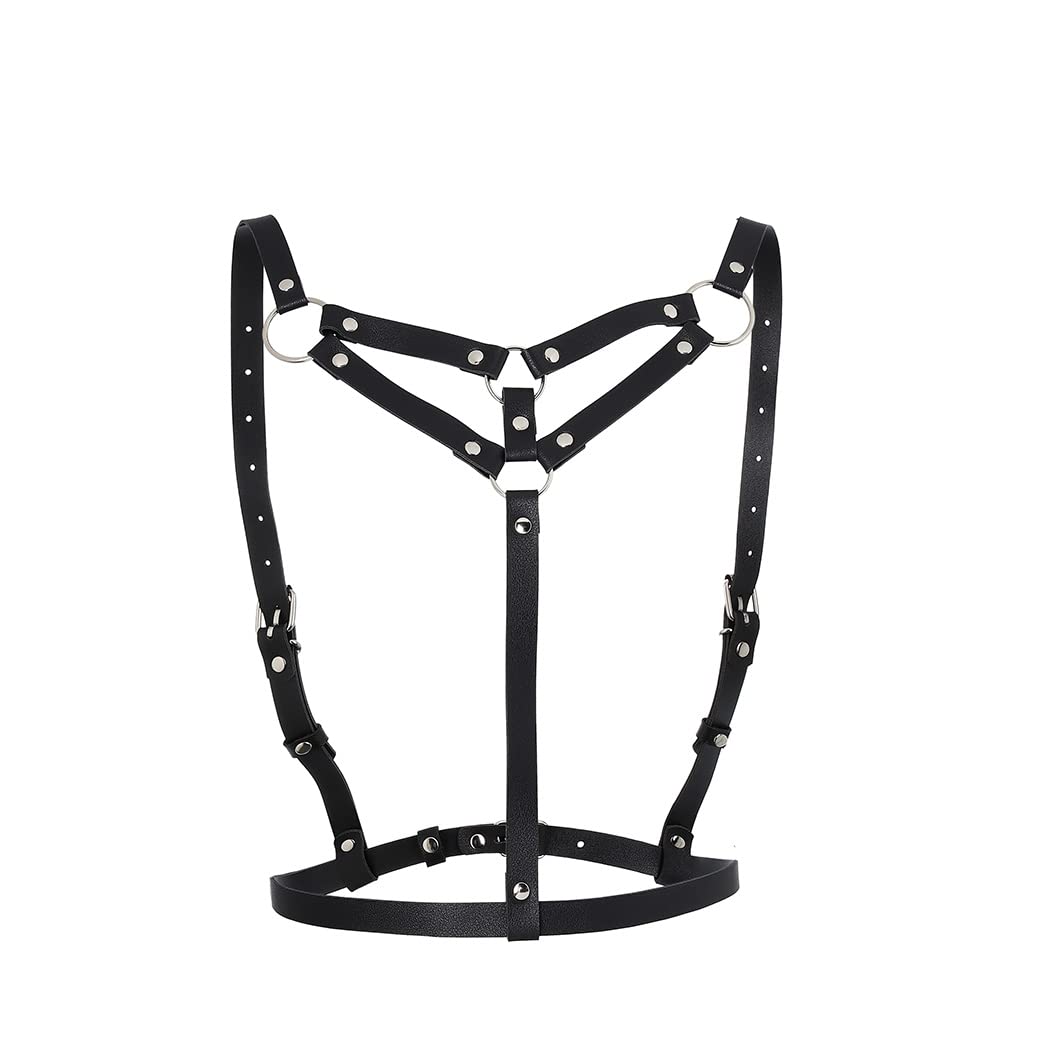 Leather Body Chain Bust Strap Bra Body Harness - Black