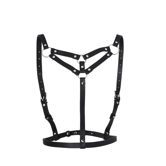 Leather Body Chain Bust Strap Bra Body Harness - Black