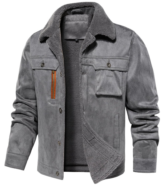 Men's Faux-Suede Sherpa Fleece Lined Winter Jacket Bomber – Black XXL