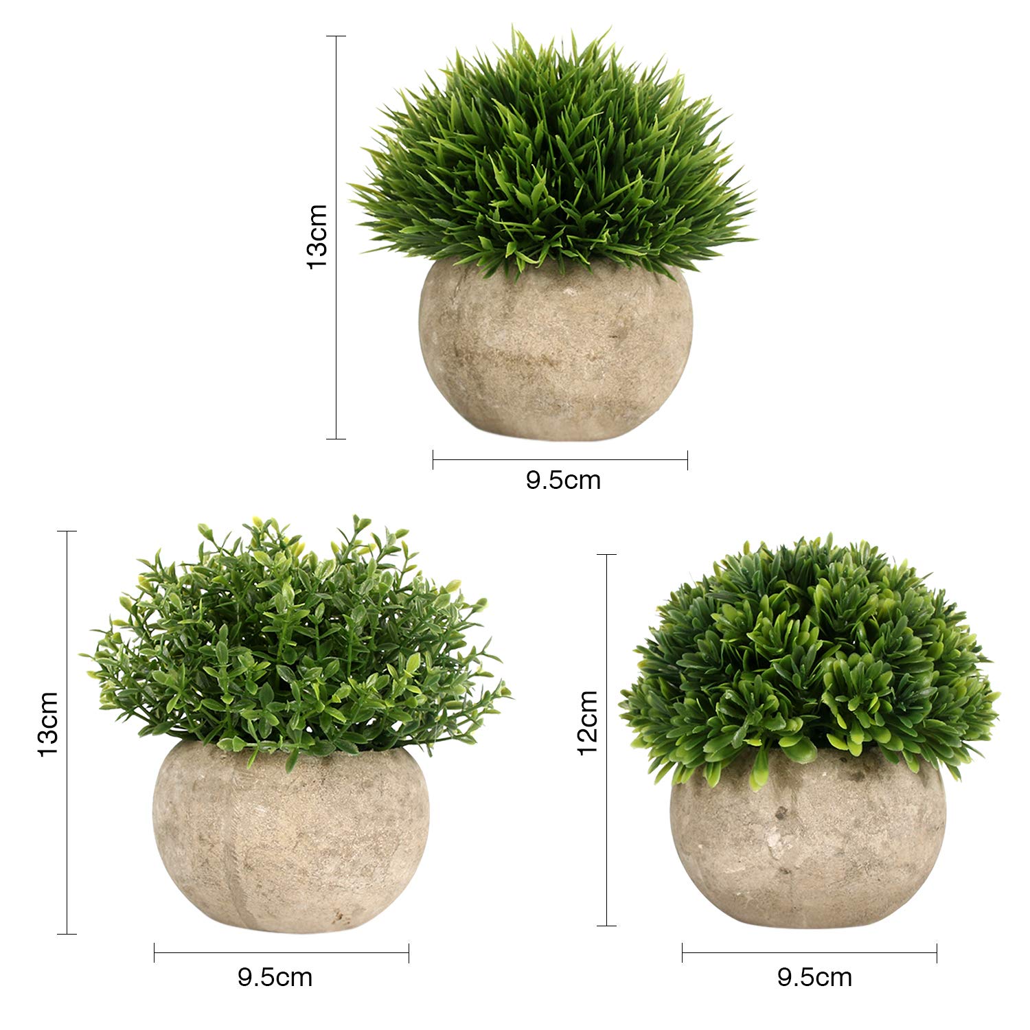 GoMaihe Artificial Plant 3 Pieces Artificial Plants with Grey Pot, 9.5 x 13 cm Indoor and Outdoor Plastic Fake Green Grass,