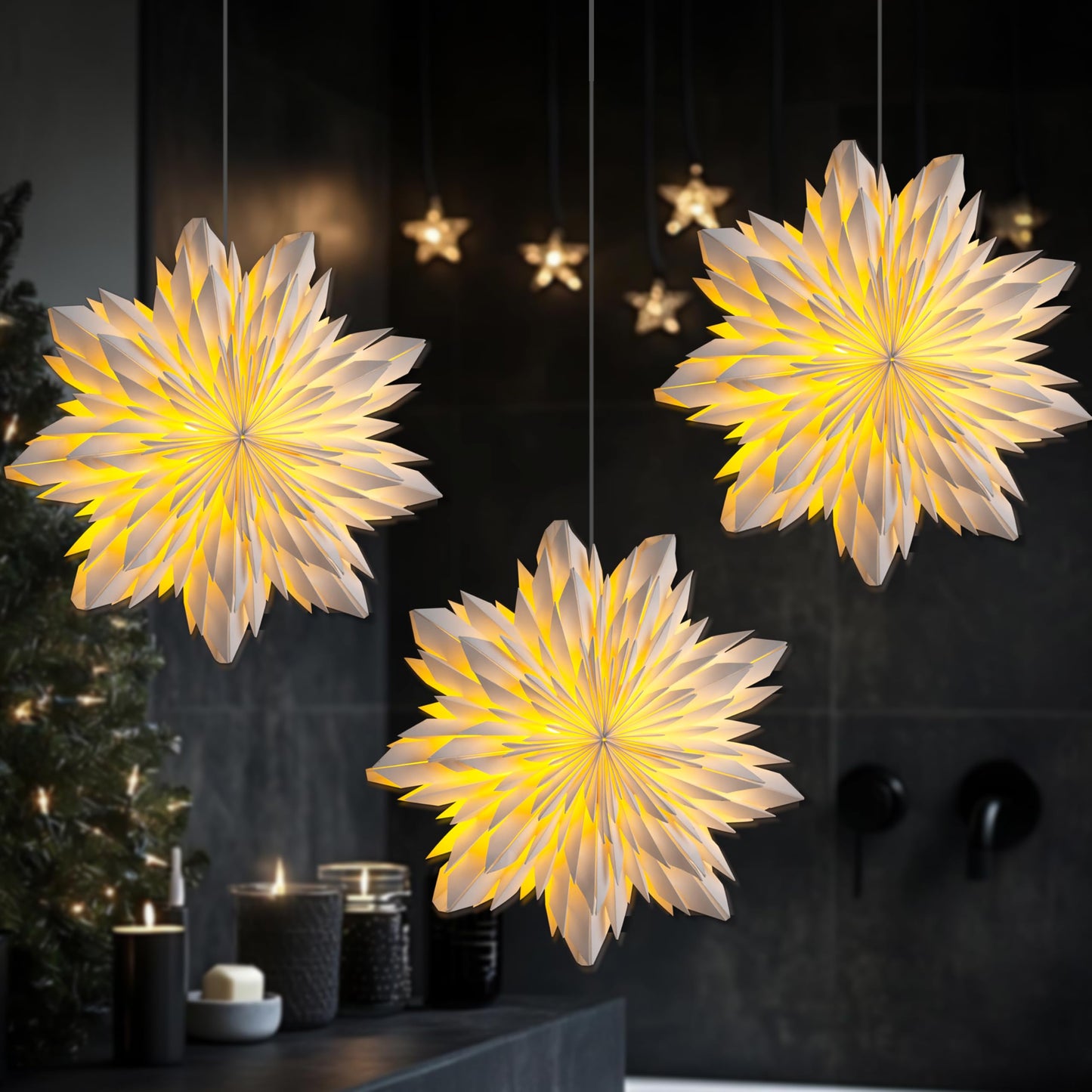EANLOLY Set of 3 Illuminated Christmas Stars 3D Window Decorations – White