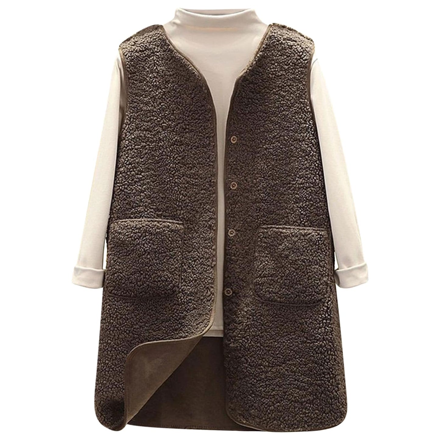 Long Teddy Fleece Vest Women's Sleeveless Warm Lightweight V-Neck Casual Button-Up – Long