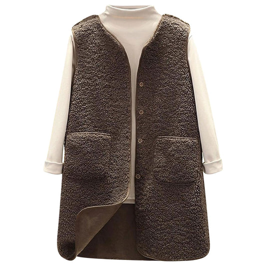 Long Teddy Fleece Vest Women's Sleeveless Warm Lightweight V-Neck Casual Button-Up – Long
