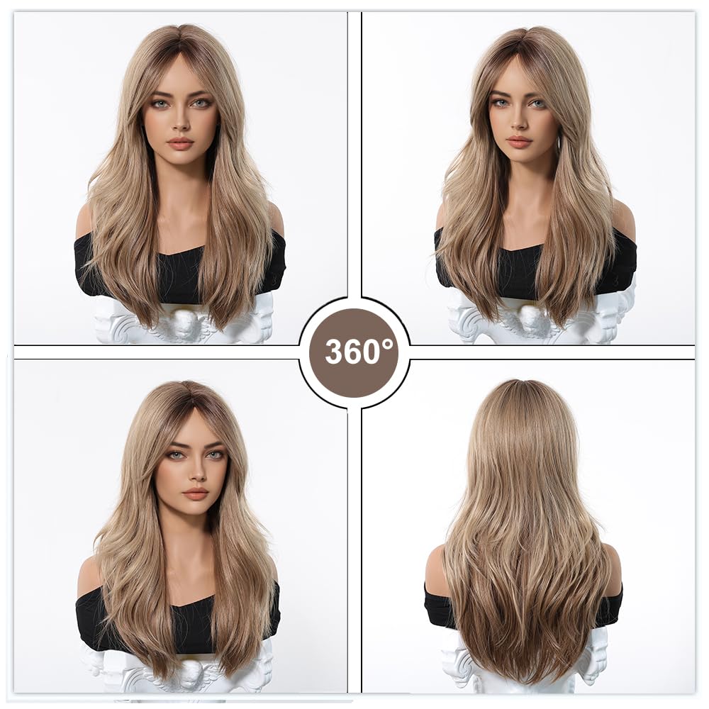 Straight Ombre Blonde Wig with Curtain Bangs Synthetic Hair – Daily Use Party