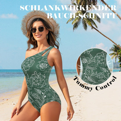 One-Shoulder Tummy Control Ruched One-Piece Swimsuit Cut-Out Backless Floral – M
