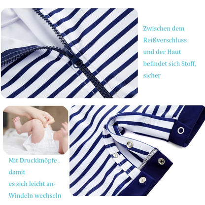 Baby Striped Swimsuit UV50+ One-Piece with Sun Hat – Blue Stripes 12-18 months