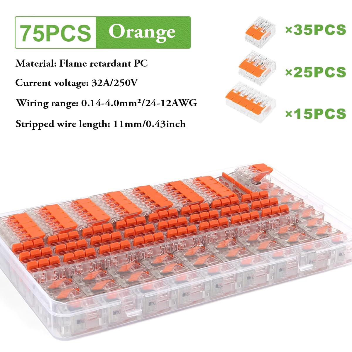 75-piece Lever Wire Connector Set 2-3-5 Conductors – Orange