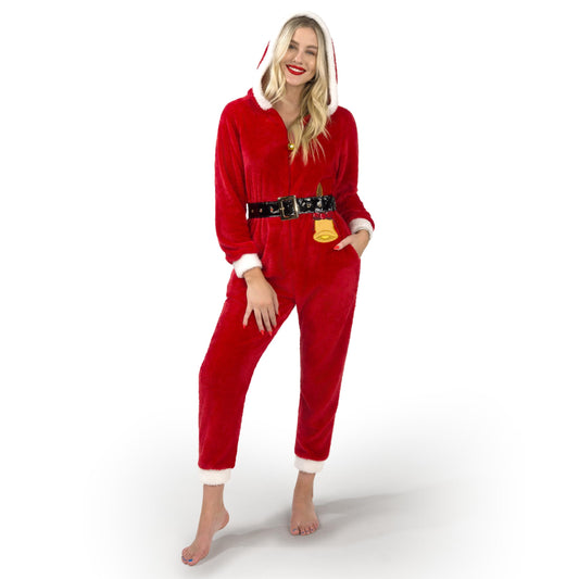 Women's Santa Hooded One-Piece Fleece Pyjama Front Zip Christmas Costume - Red XL
