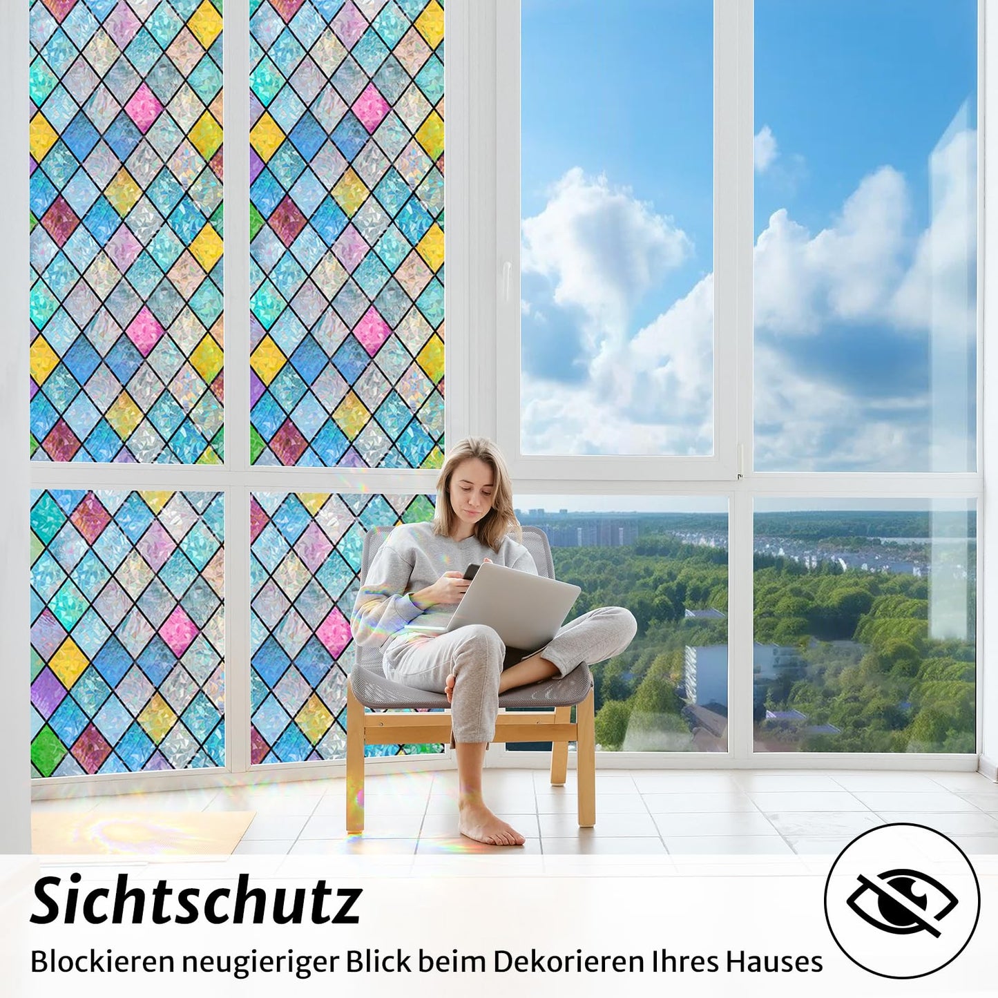 rabbitgoo Window Film Opaque Self-Adhesive, Privacy Film Window Diamond Colorful, 3D Rainbow Film Window 60x200cm Static