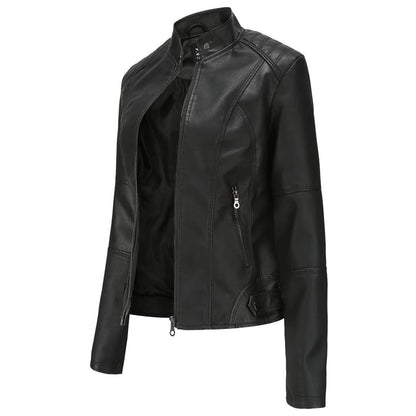 Women’s Faux Leather Short Biker Jacket PU Zipper – Black