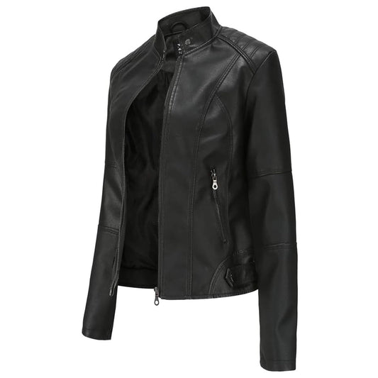 Women’s Faux Leather Short Biker Jacket PU Zipper – Black