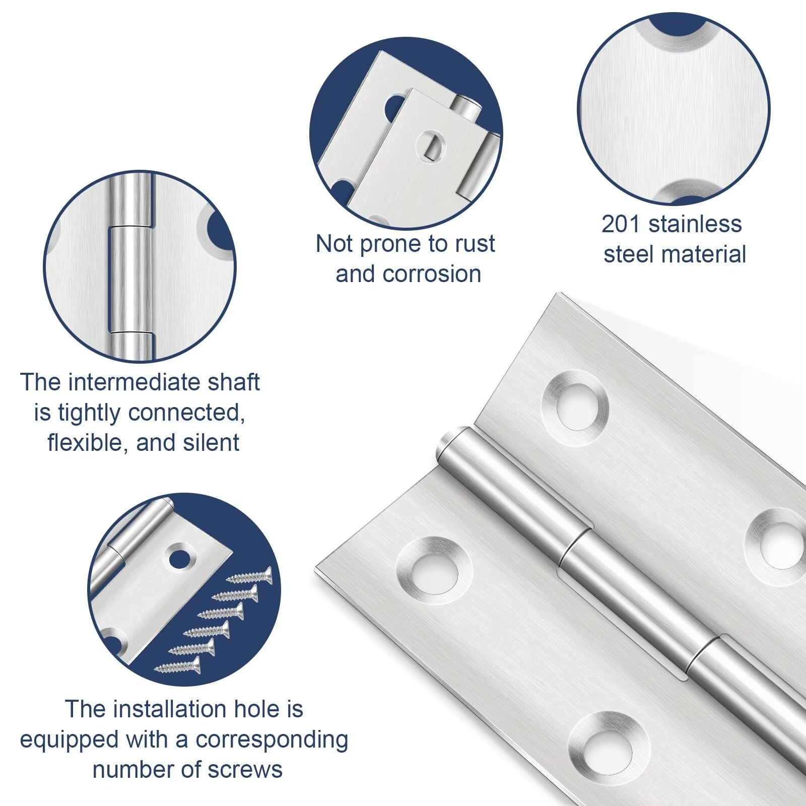 Stainless Steel Door Hinges for Wooden Doors with 60 Screws – 44mm x 31mm, 10 Pieces
