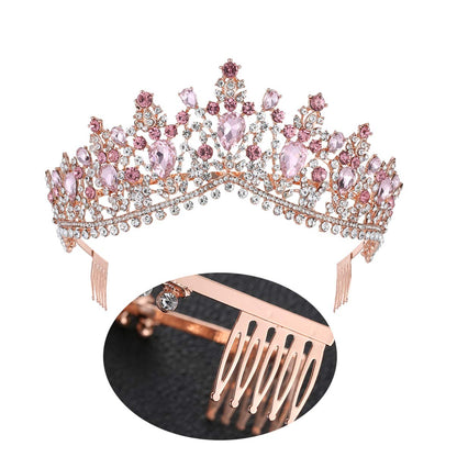 Crystal Tiara Comb Rhinestone Crown Headband for Bride Princess – Gold Pink
