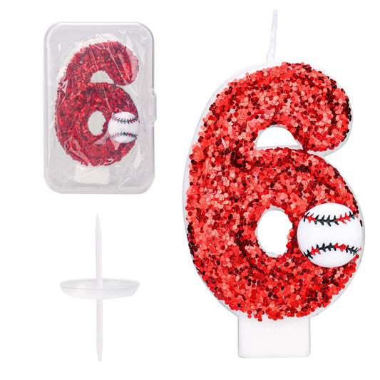 Baseball Birthday Number Candle, 7.5cm Glitter Happy Birthday Cake Topper Red Sequin Number Candle Sports Theme Baseball Cake
