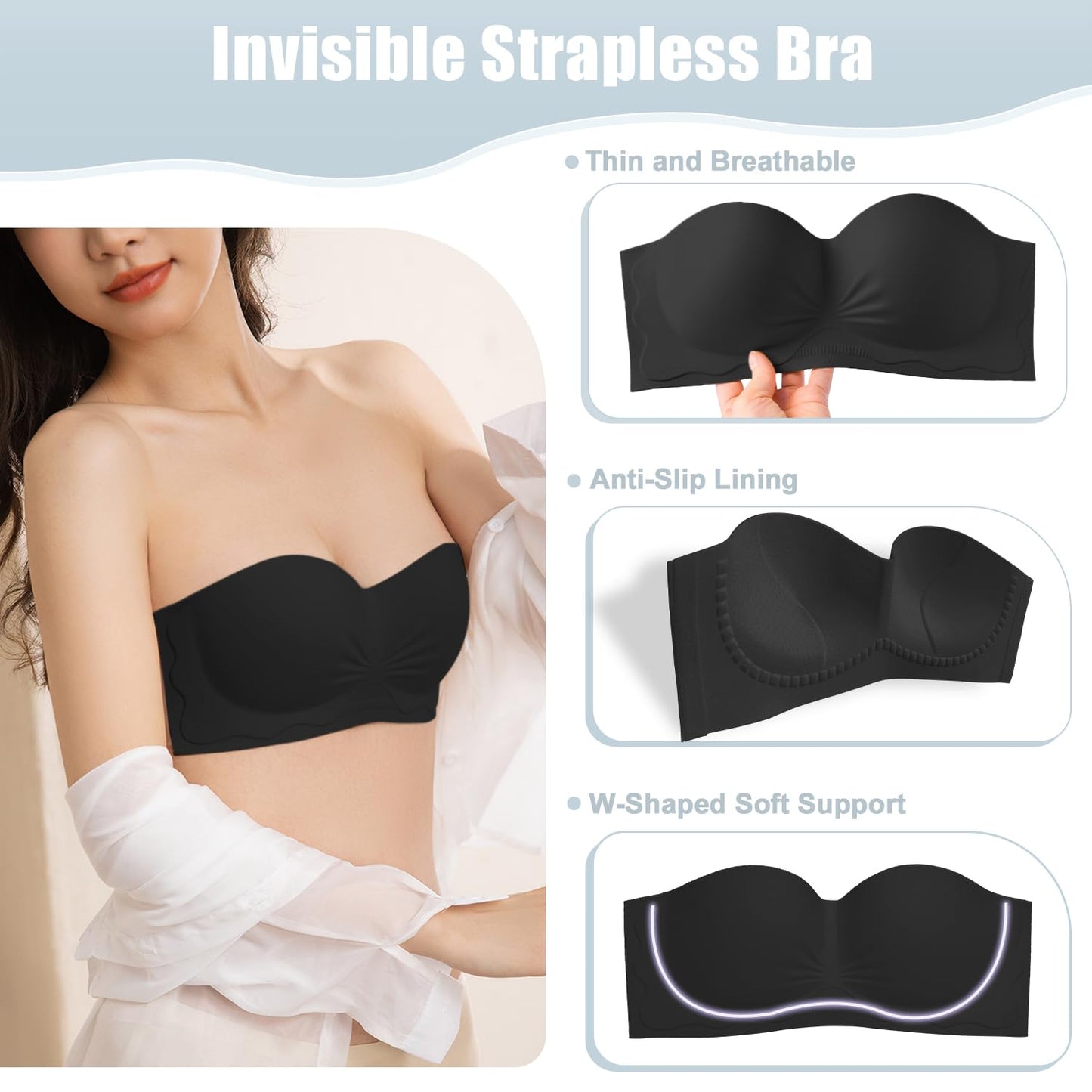 Strapless Self-Adhesive Push-up Backless Bra Wire-Free Non-Slip Invisible – Black C