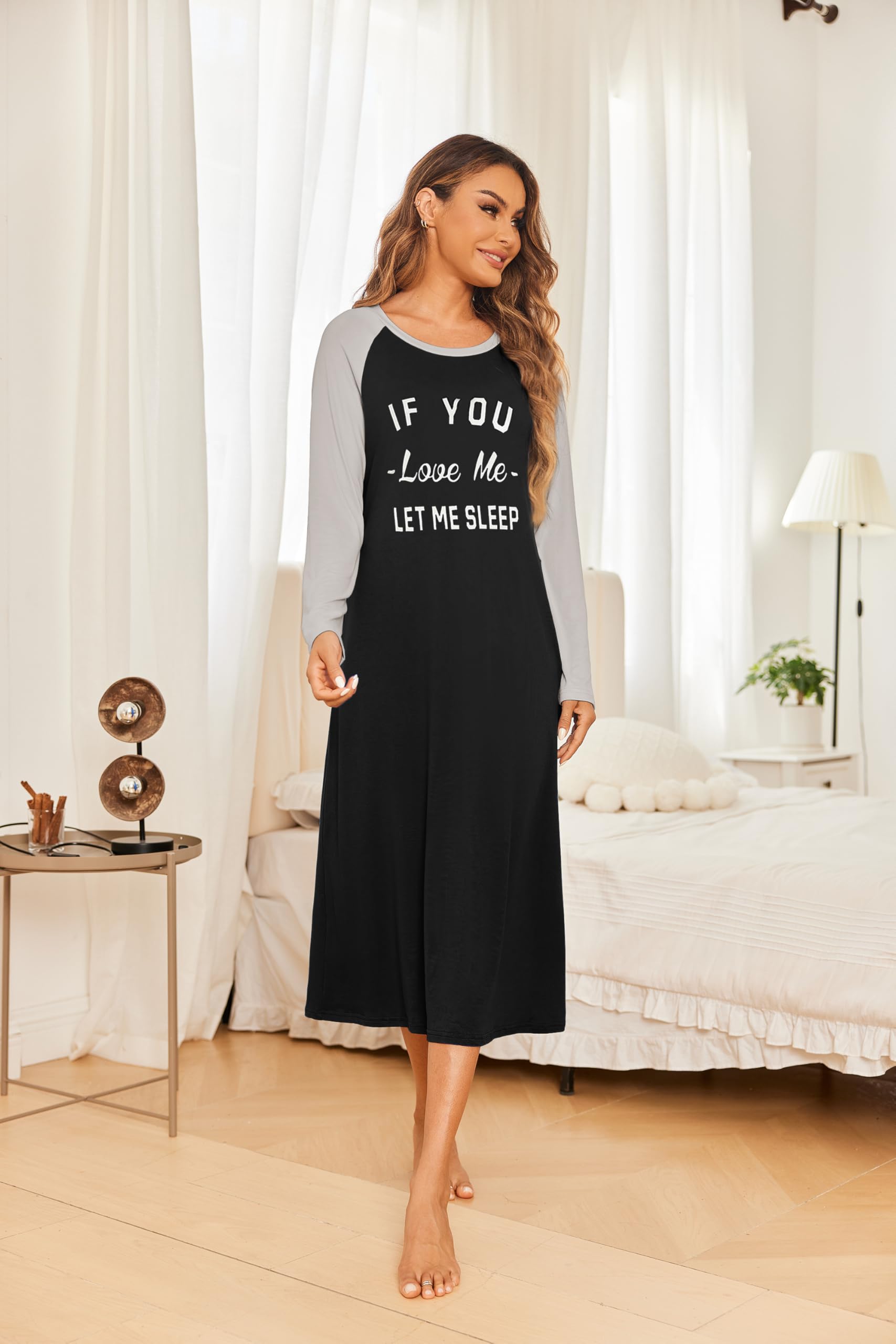 Ekouaer Women's Long Sleeve Nightgown Printed Crew Neck Soft Lightweight – Black XXL