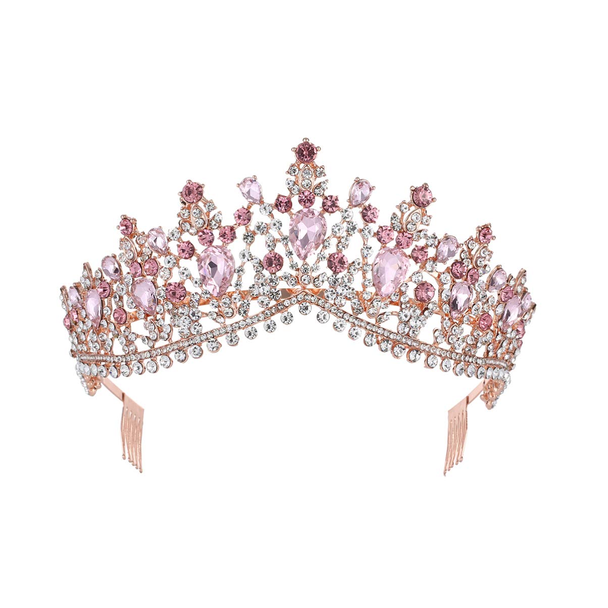 Crystal Tiara Comb Rhinestone Crown Headband for Bride Princess – Gold Pink