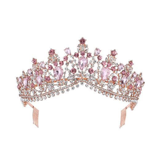 Crystal Tiara Comb Rhinestone Crown Headband for Bride Princess – Gold Pink