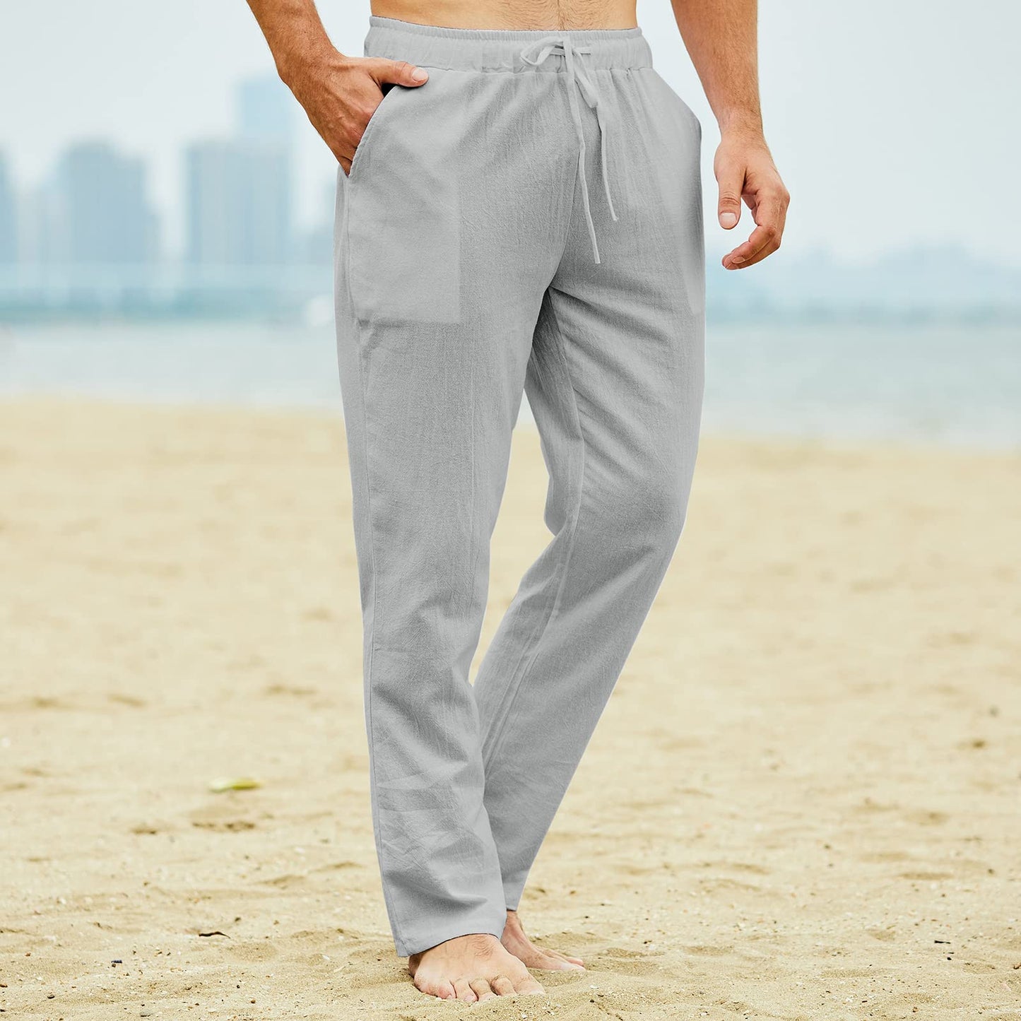 Men's Linen Drawstring Trousers Casual Loose Lightweight