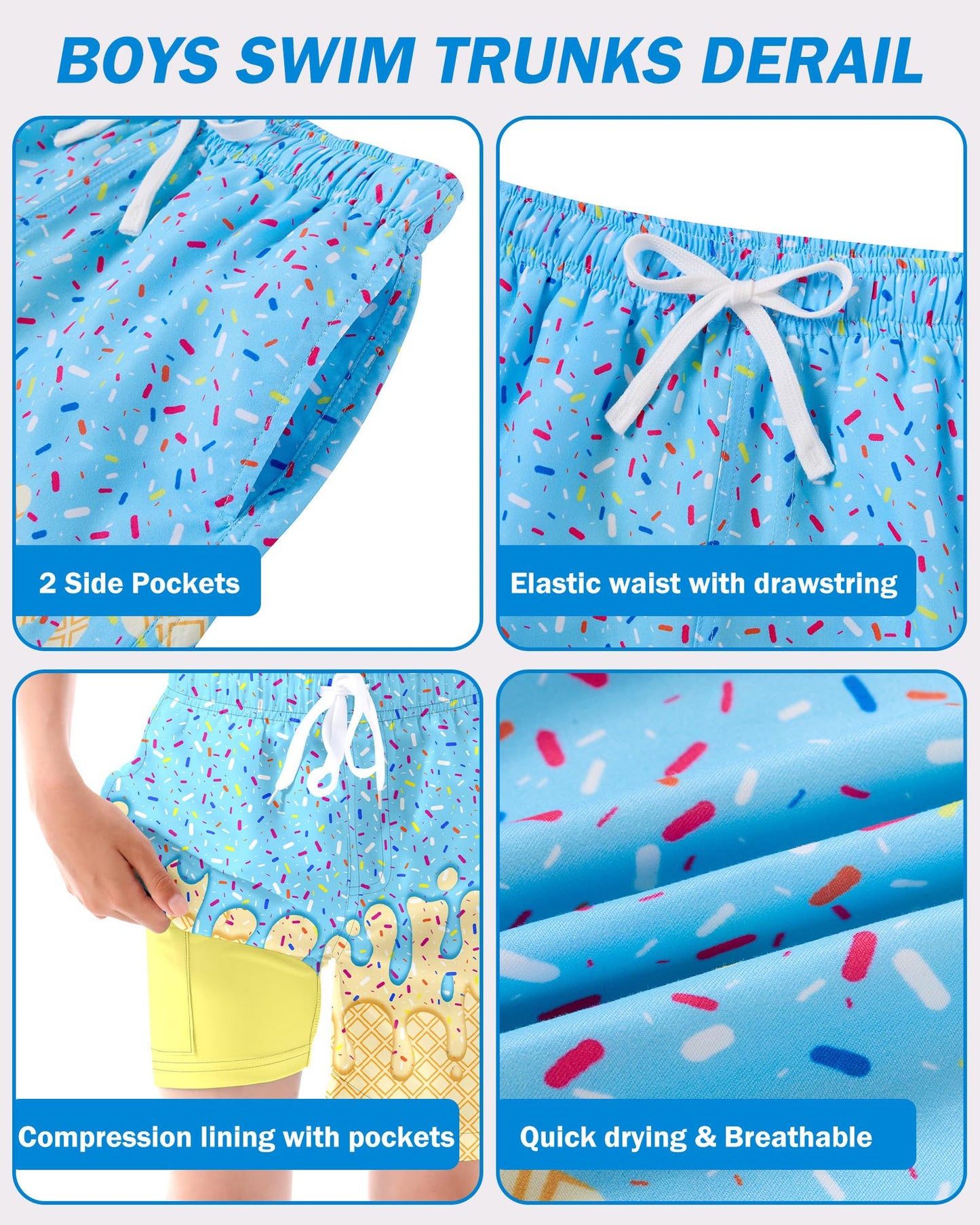 Boys' 2-in-1 Swim Shorts Compression Lining 3D Ice Cream Print Quick-Dry – Blue 7 Years