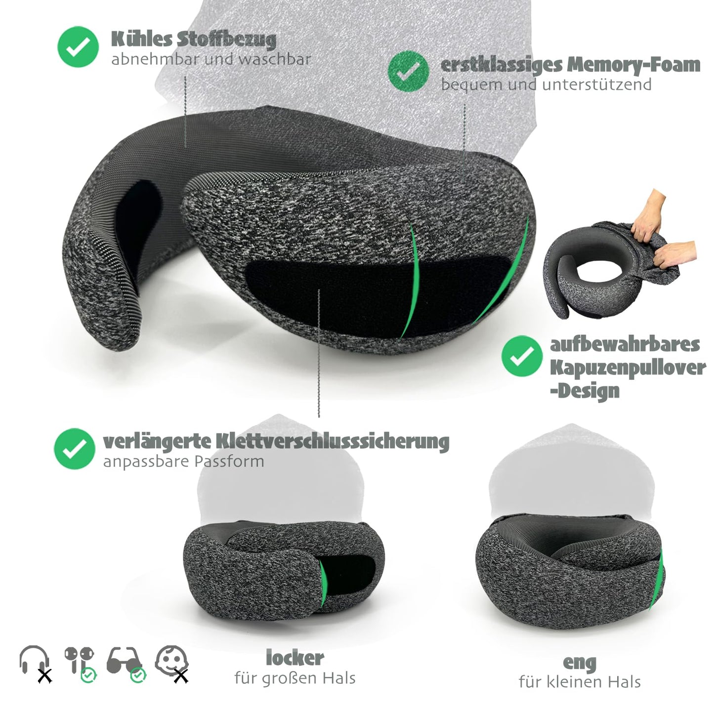 Ergonomic Travel Neck Pillow Memory Foam with Hood 360-degree Contoured Washable Cover – Moon Silver