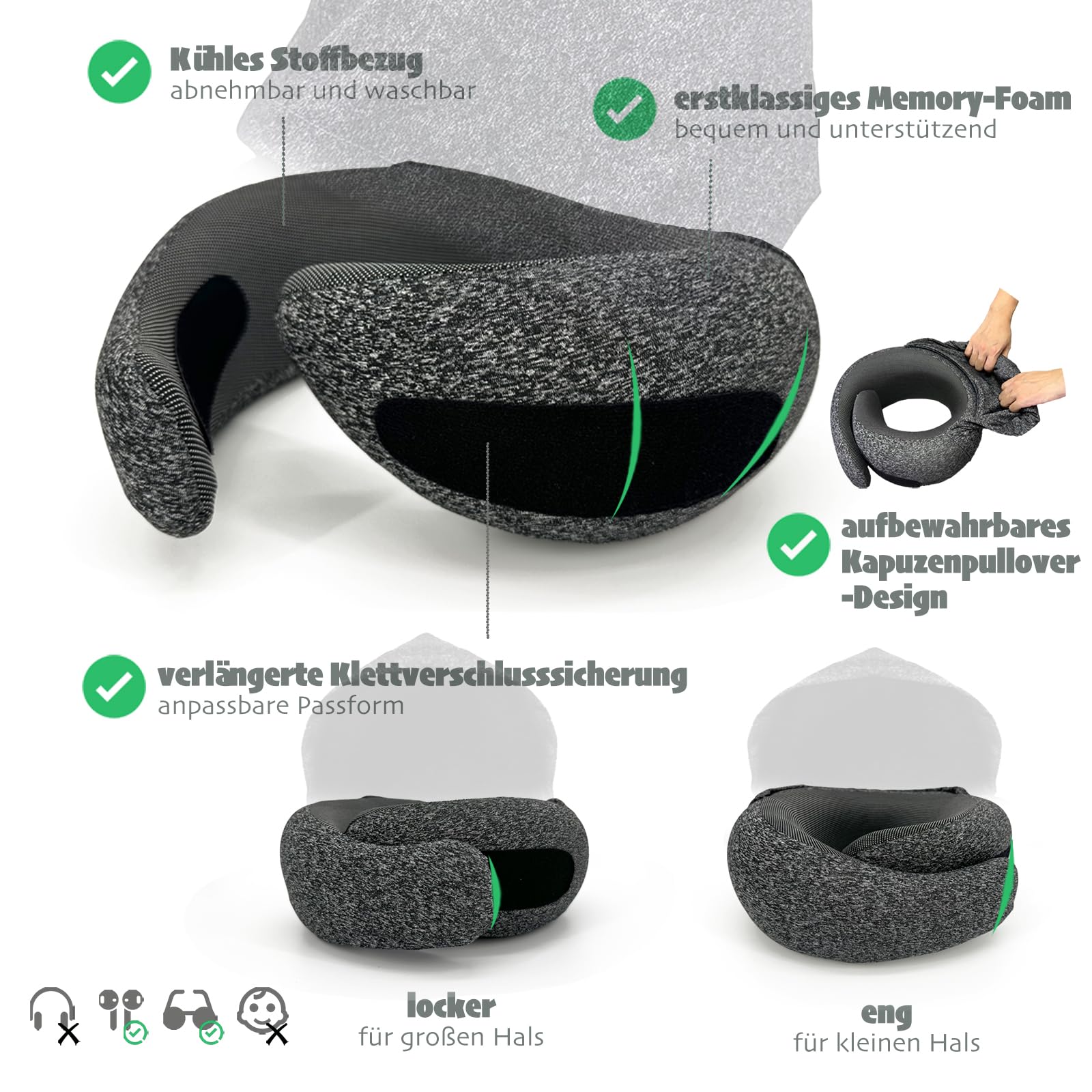 Ergonomic Travel Neck Pillow Memory Foam with Hood 360-degree Contoured Washable Cover – Moon Silver