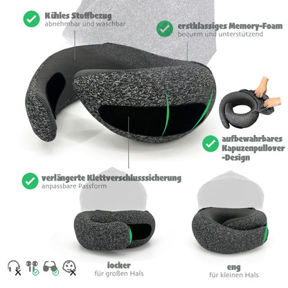 Ergonomic Travel Neck Pillow Memory Foam with Hood 360-degree Contoured Washable Cover – Moon Silver