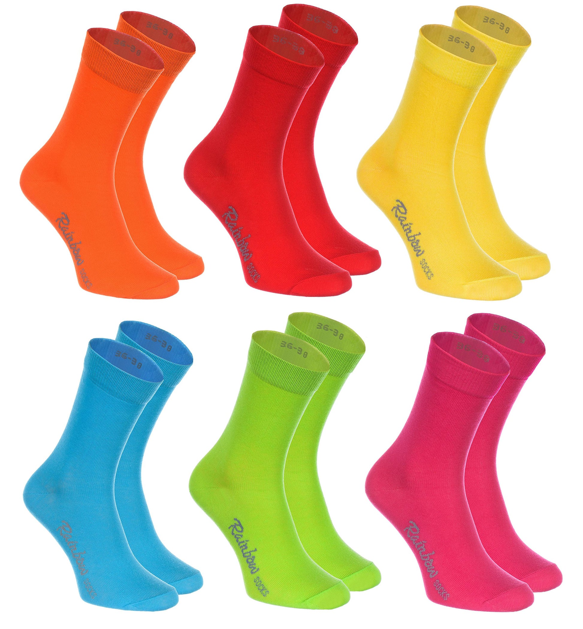 Rainbow Socks - Women Men Classic Colorful Cotton Socks - 6 Pairs - Orange Red Yellow Green Sea Green - Sizes 36-38