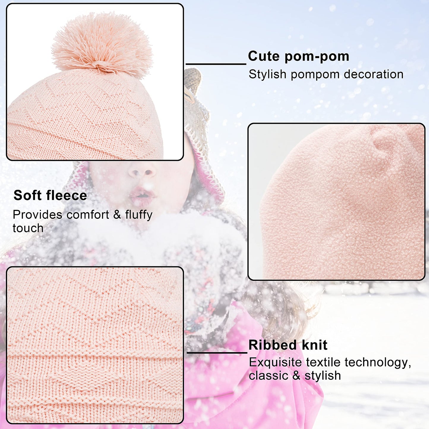 Kids Hat Scarf & Gloves Set Knitted Lined Pom-Pom Snood – Pink S