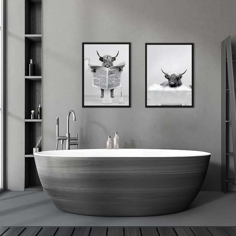 Highland Cattle Wall Poster Set Black & White Animal Print Home Decoration – 40x60cm (set of 2)