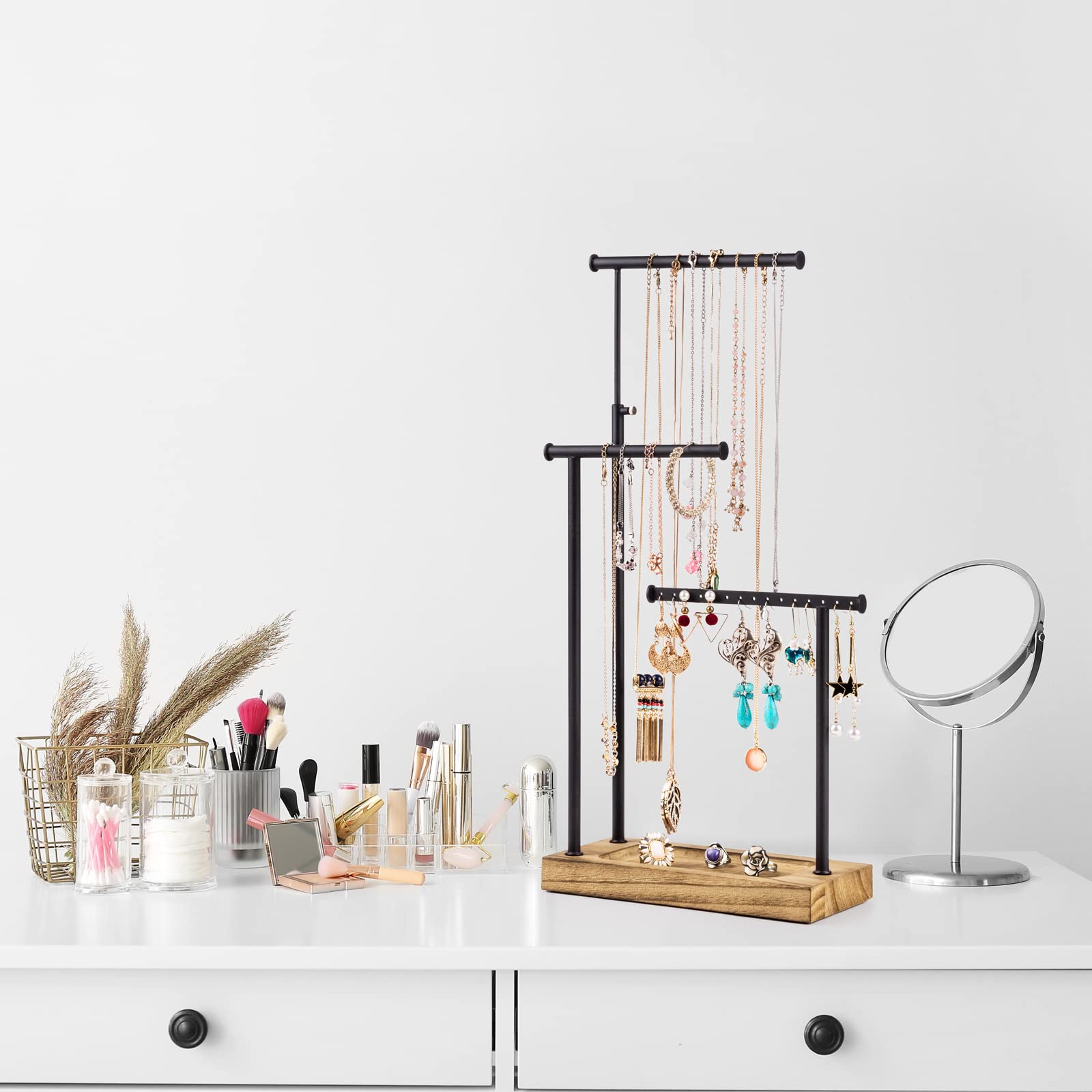 SRIWATANA Jewelry Stand Wooden Jewelry Holder Chain Holder 3 Rods Rotatable (51cm) Jewelry Tree Jewelry Storage for Necklaces