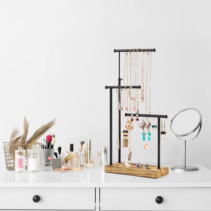 SRIWATANA Jewelry Stand Wooden Jewelry Holder Chain Holder 3 Rods Rotatable (51cm) Jewelry Tree Jewelry Storage for Necklaces