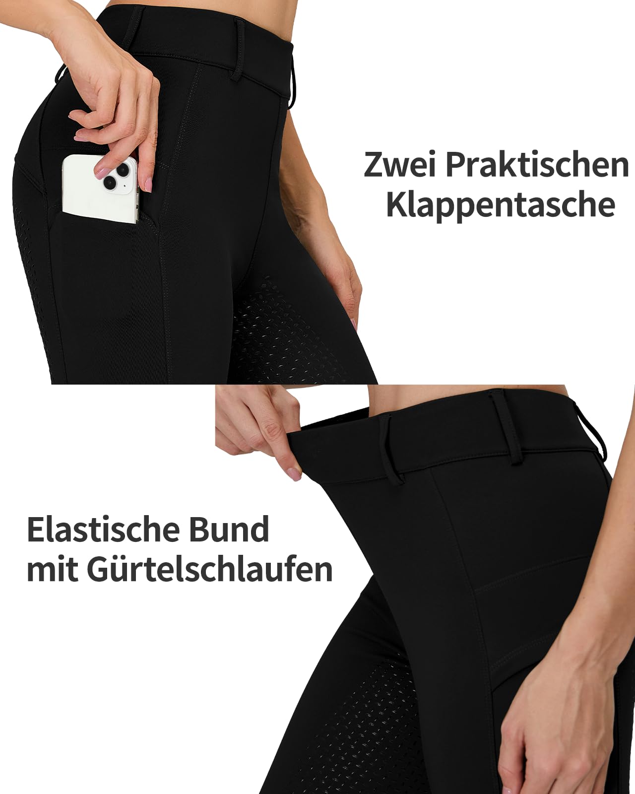 Winter riding leggings women's full seat thermal riding pants women's fleece lined waterproof with mobile phone pocket belt