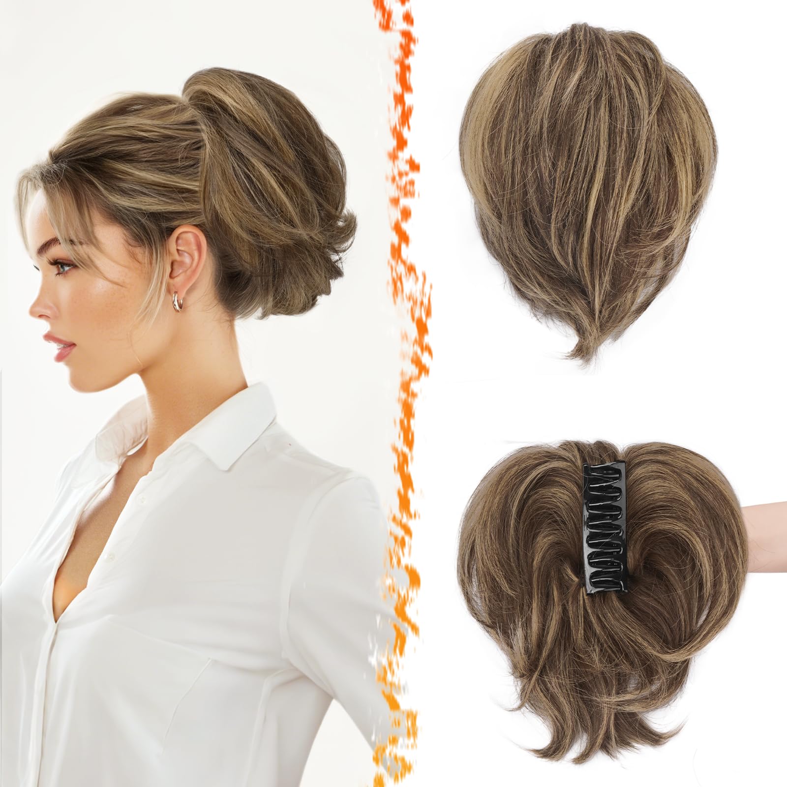 Short Hairpiece with Claw Clips Flexible Wires – Medium Brown Blonde 20cm