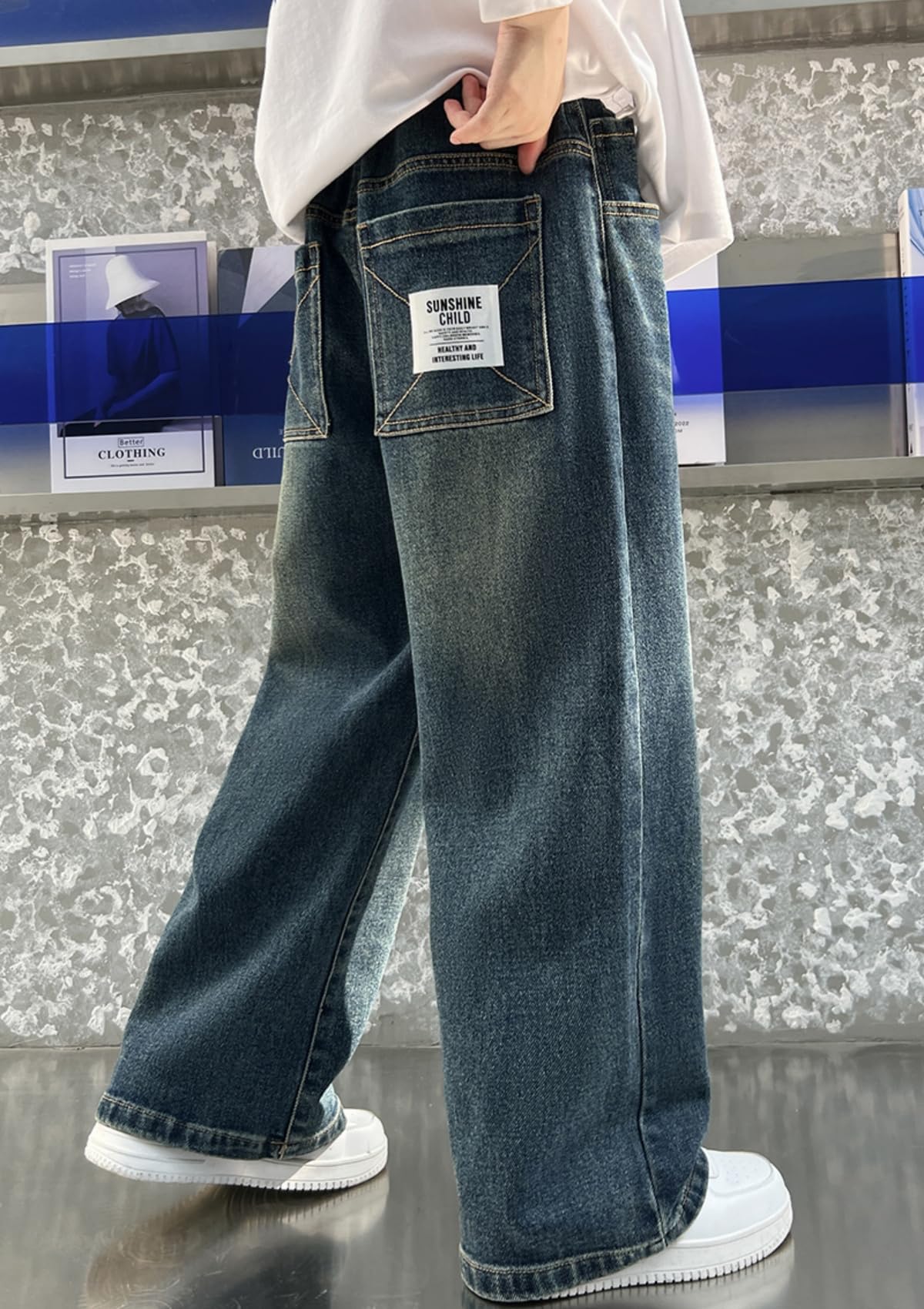 Boys Baggy Cargo Jeans Elastic Waist Multi-Pocket Denim – Blue 160 (11-12Y)
