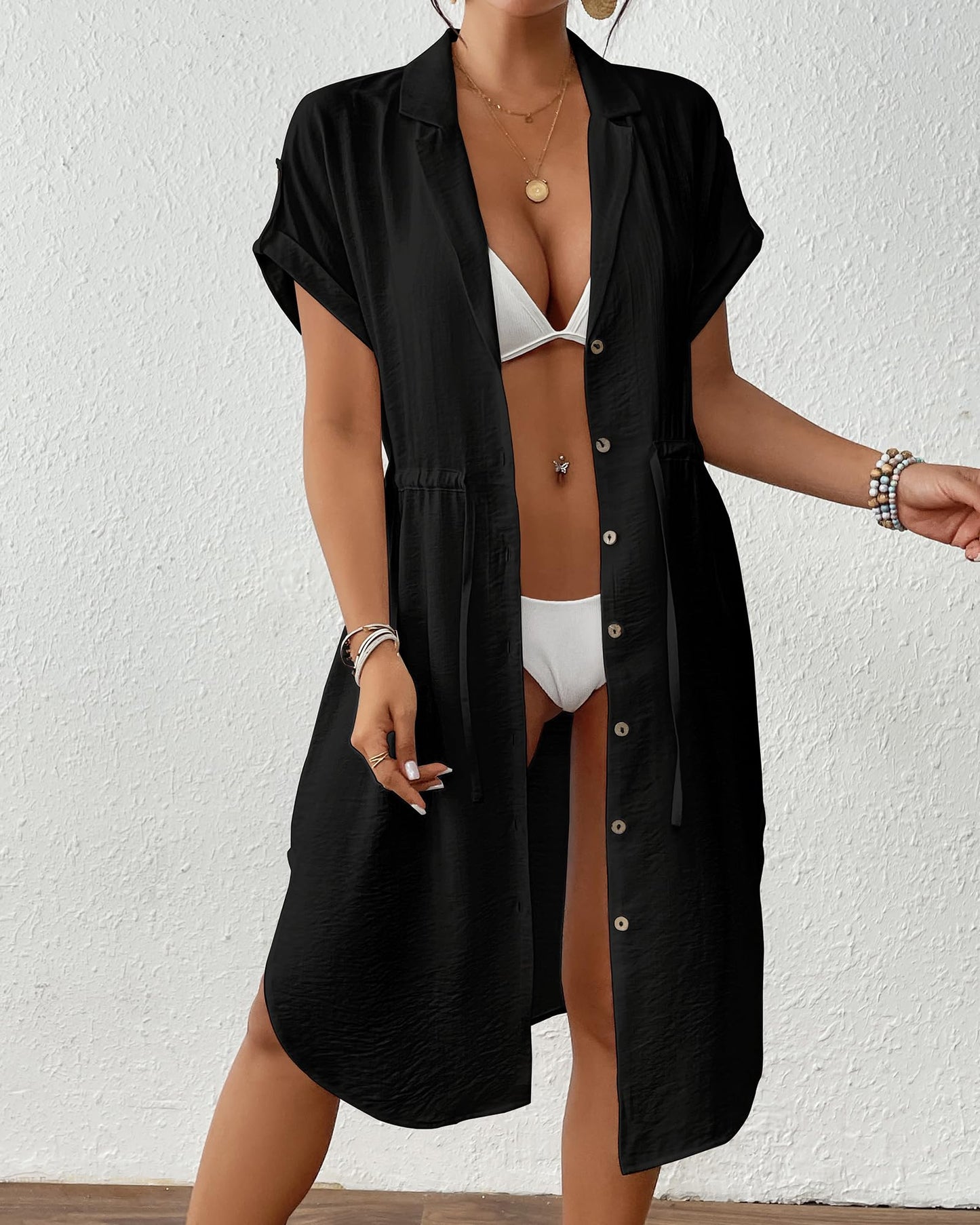 Women's Button-Down Swimwear Cover-Up Short Sleeve Tie Waist – Black S